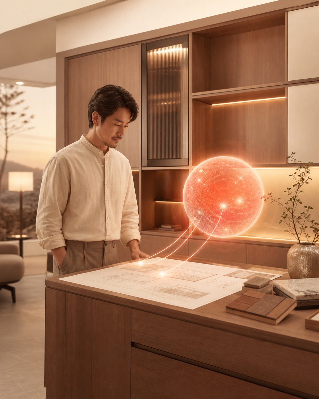 老板与 AI 员工并肩看柜体图纸的插画