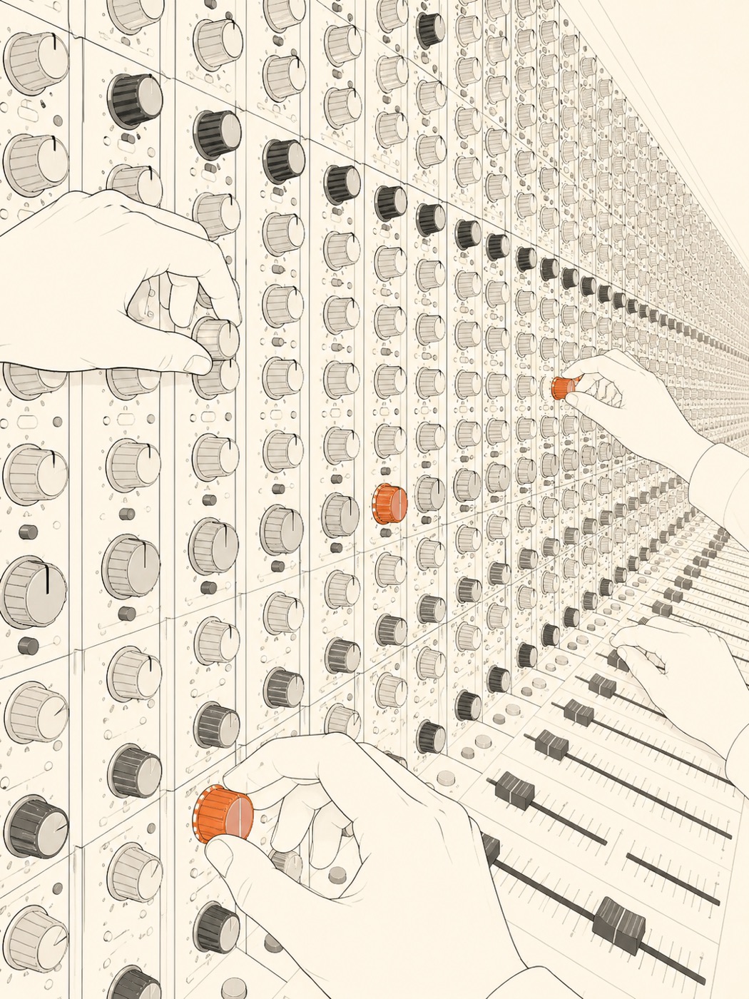 巨大调音台旋钮墙的插画